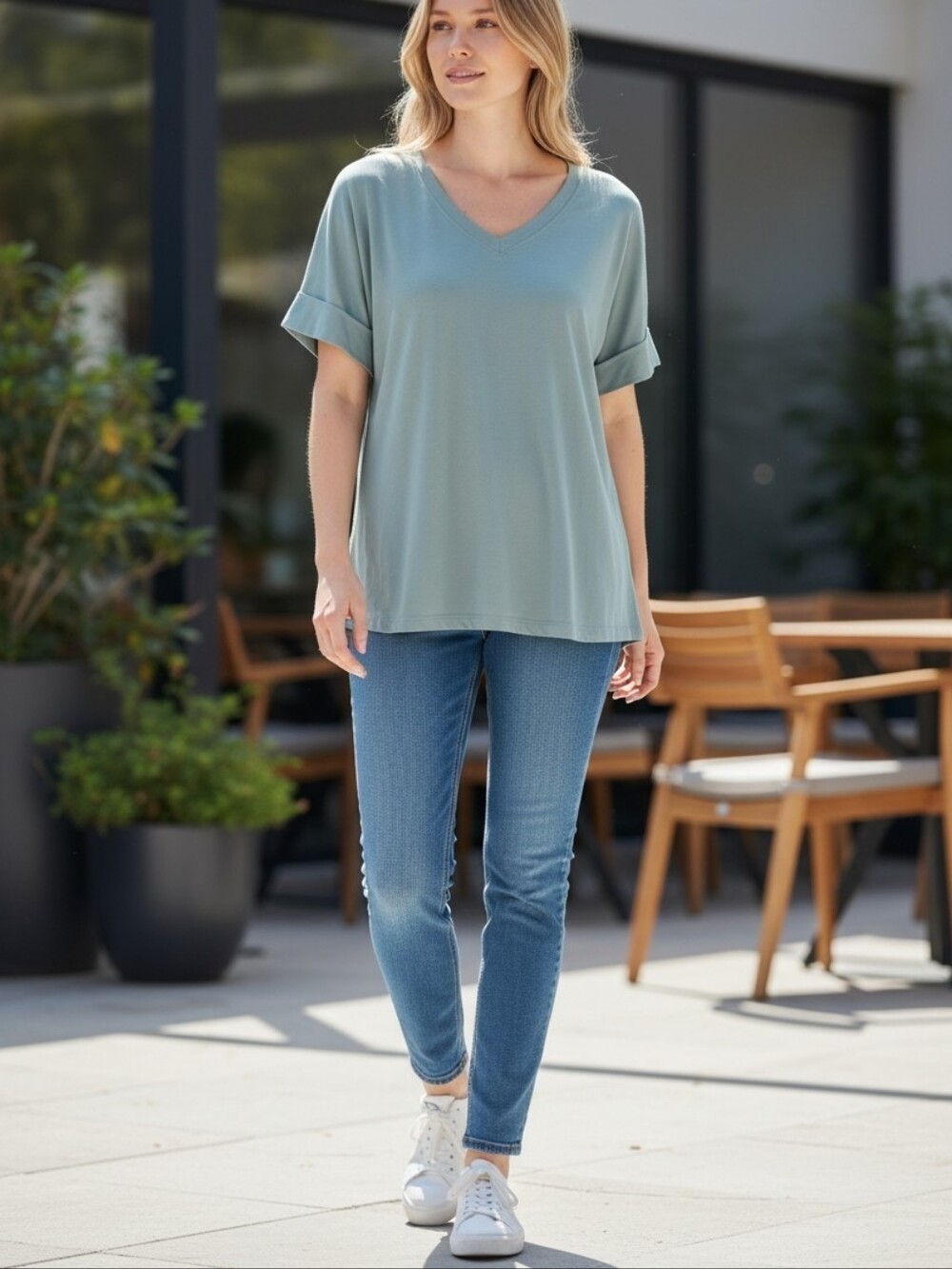 NWT Cable & Gauge Teal Vneck Loose Fit Oversized Dropped Shoulder‎ Tshirt Lg Y73